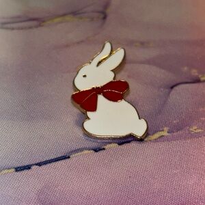 Simple White Bunny with Red Bow Enamel and Metal Pin